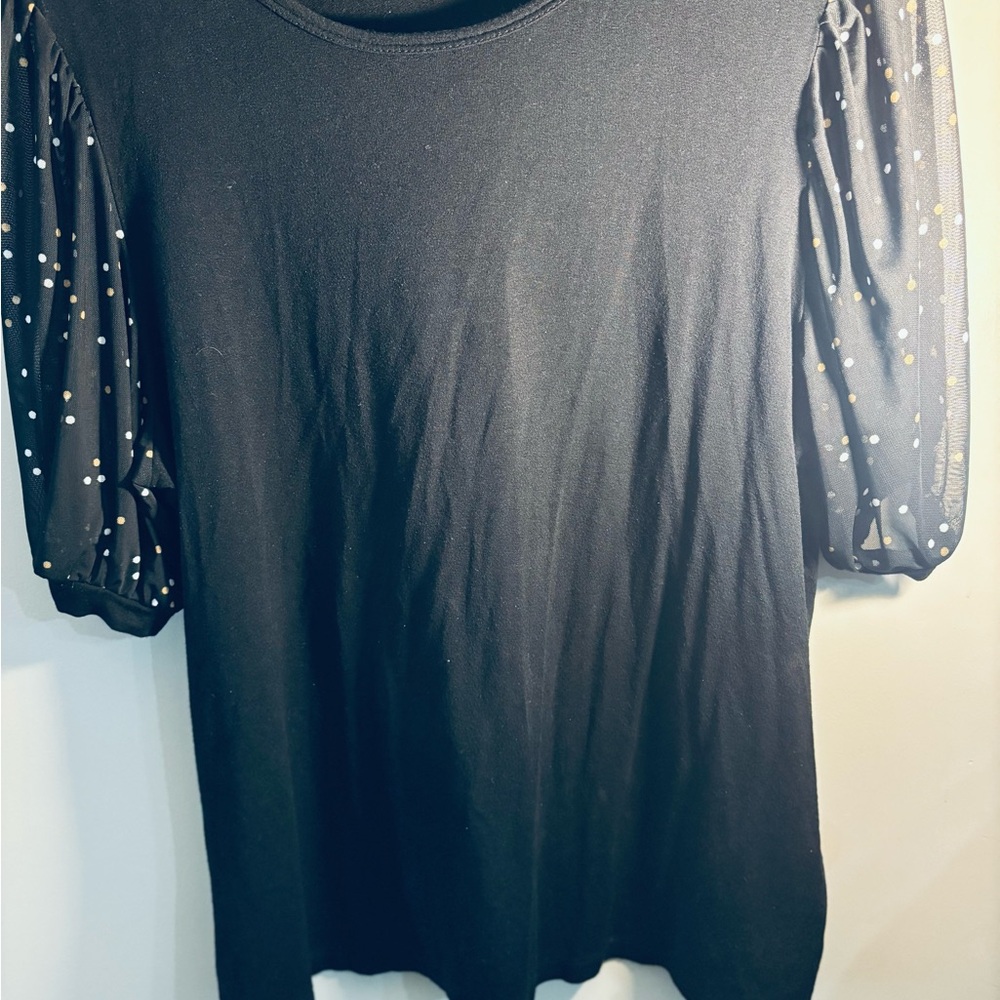 Suzy Shier Black Top with Sheer Polka Dot Sleeves